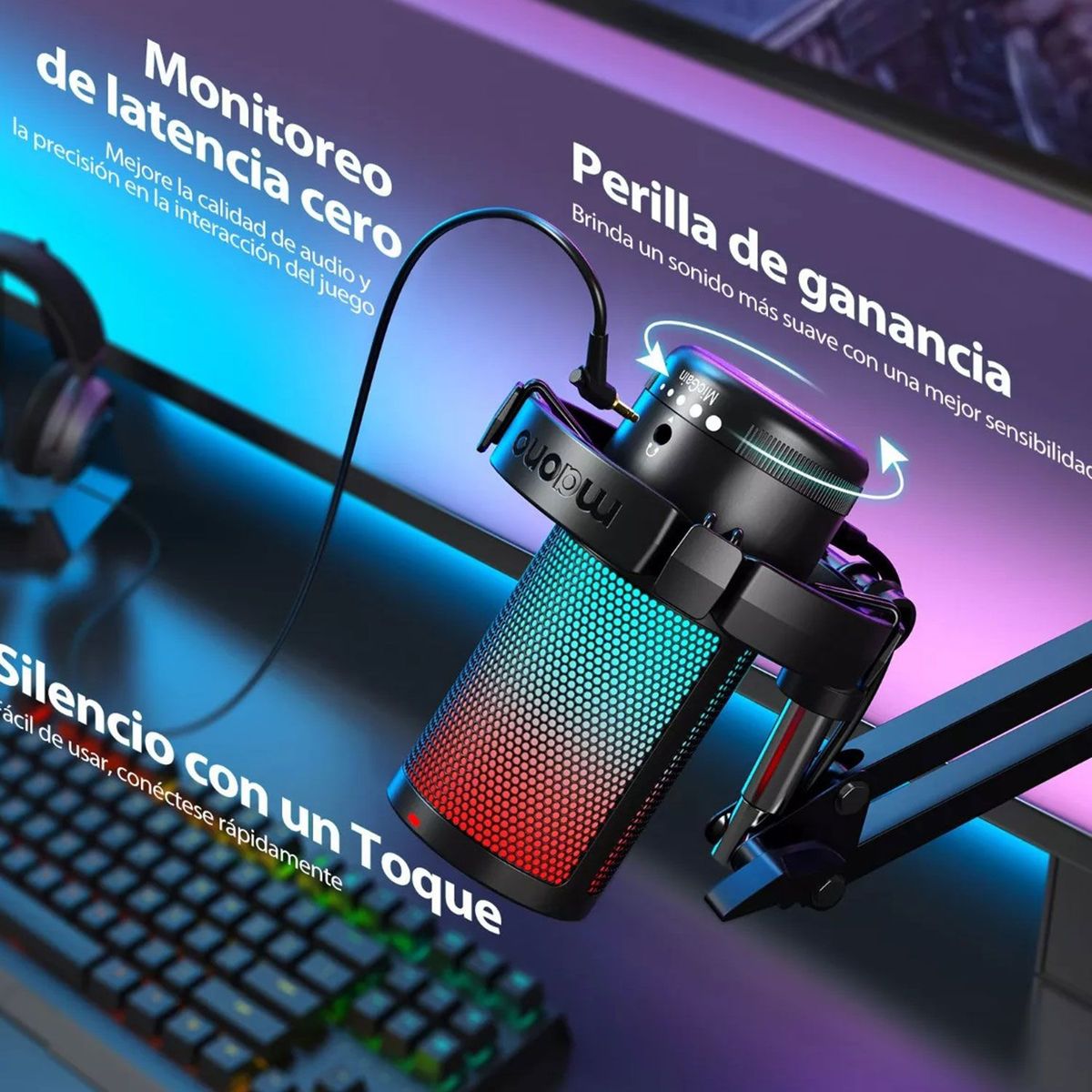 GENERICO - Micrófono Gamer Usb Condensador Cancelación Ruido Soporte Brazo Maono