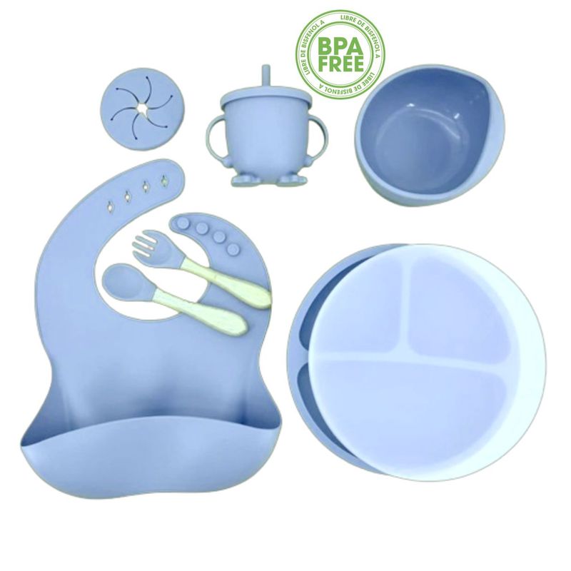 GENERICO - SET PLATO TAPA BABERO CUCHARA TENEDOR TAZÓN VASO BEBÉ-AZUL