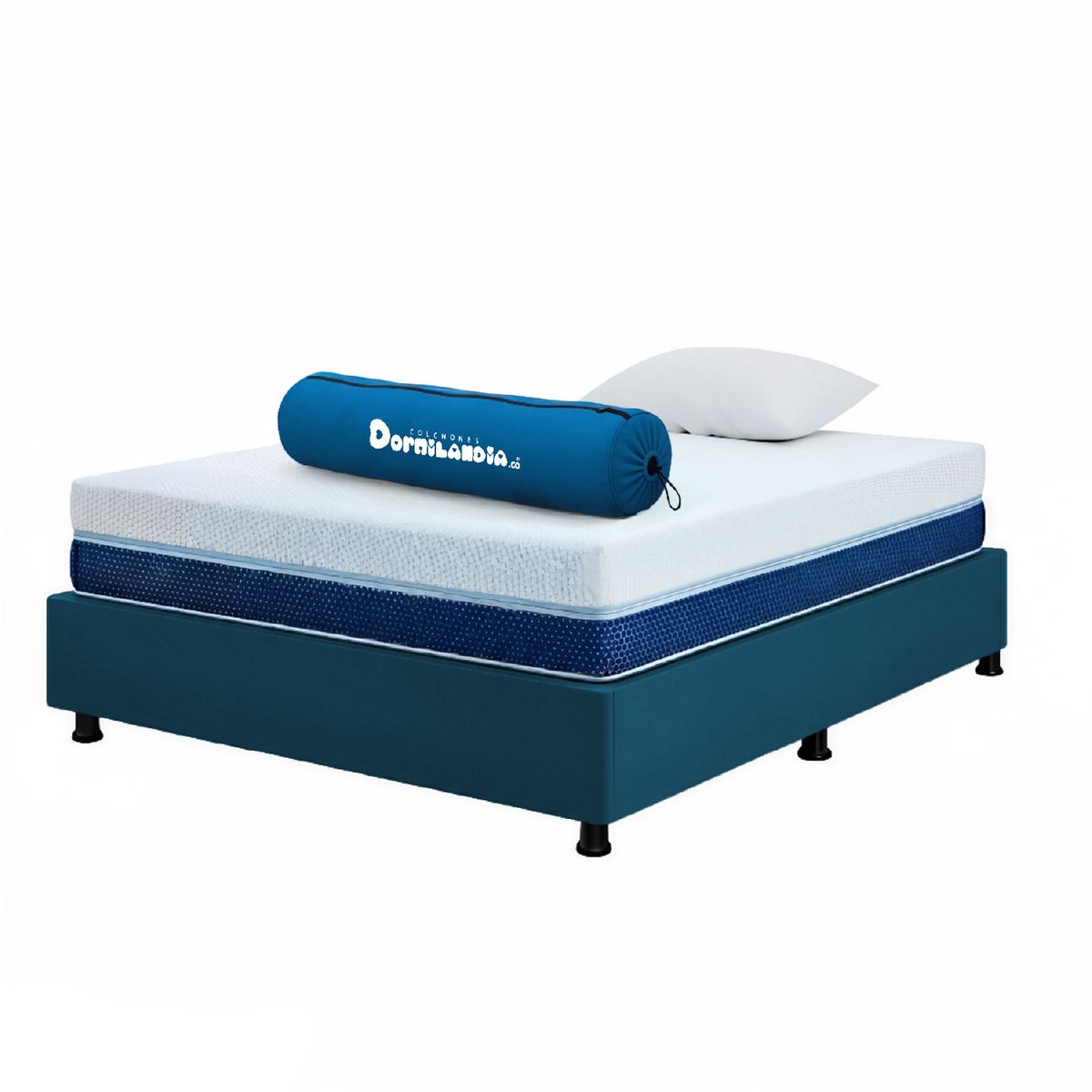 DORMILANDIA - Combo Colchón Multisleep Cover Espumado Enrollado Sencillo Azul Más Base Cama y 1 Almohada