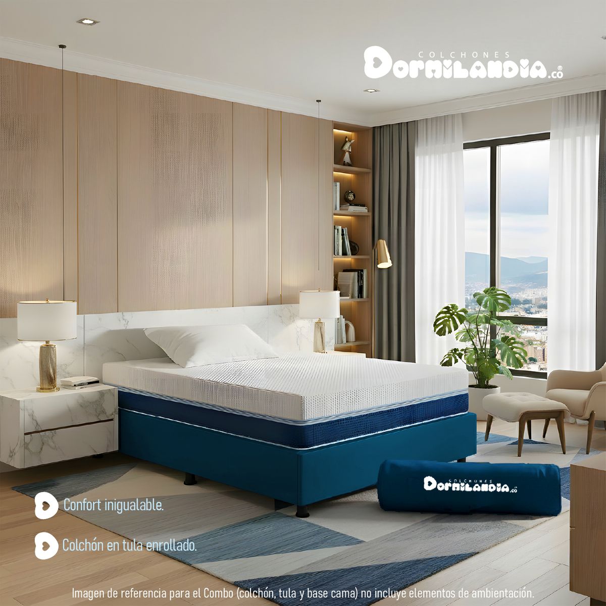 DORMILANDIA - Combo Colchón Multisleep Cover Espumado Enrollado Sencillo Azul Más Base Cama y 1 Almohada