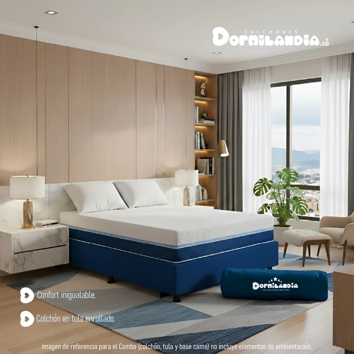 DORMILANDIA - Combo Colchón Multisleep Cover Enrollado Semidoble Azul Más Base Cama y 2 Almohadas
