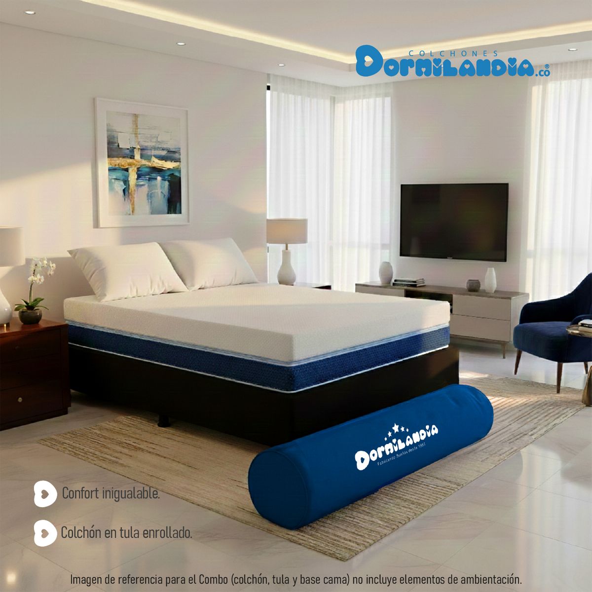 DORMILANDIA - Combo Colchón Multisleep Cover Enrollado Doble Negro Más Base Cama y 2 Almohadas