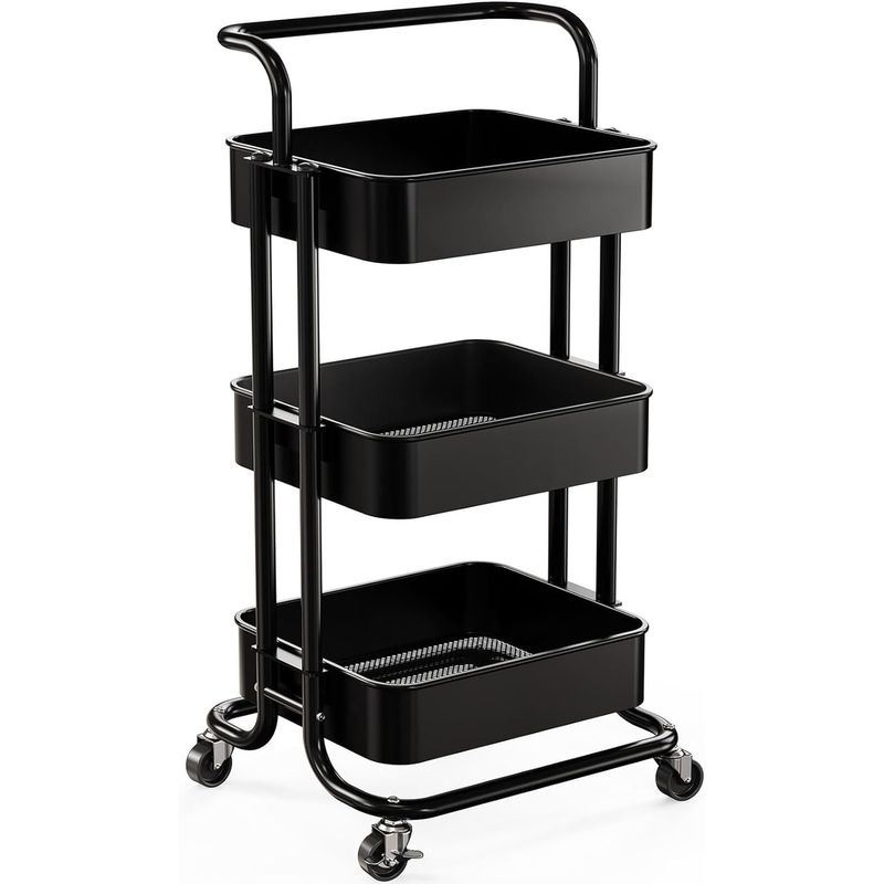 MOBLIHOUSE - Carro Auxiliar Organizador Metalico Negro 3 Niveles Rodante