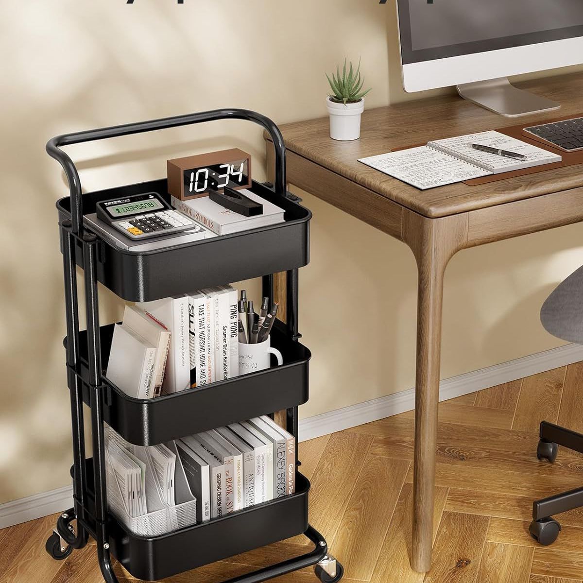 MOBLIHOUSE - Carro Auxiliar Organizador Metalico Negro 3 Niveles Rodante