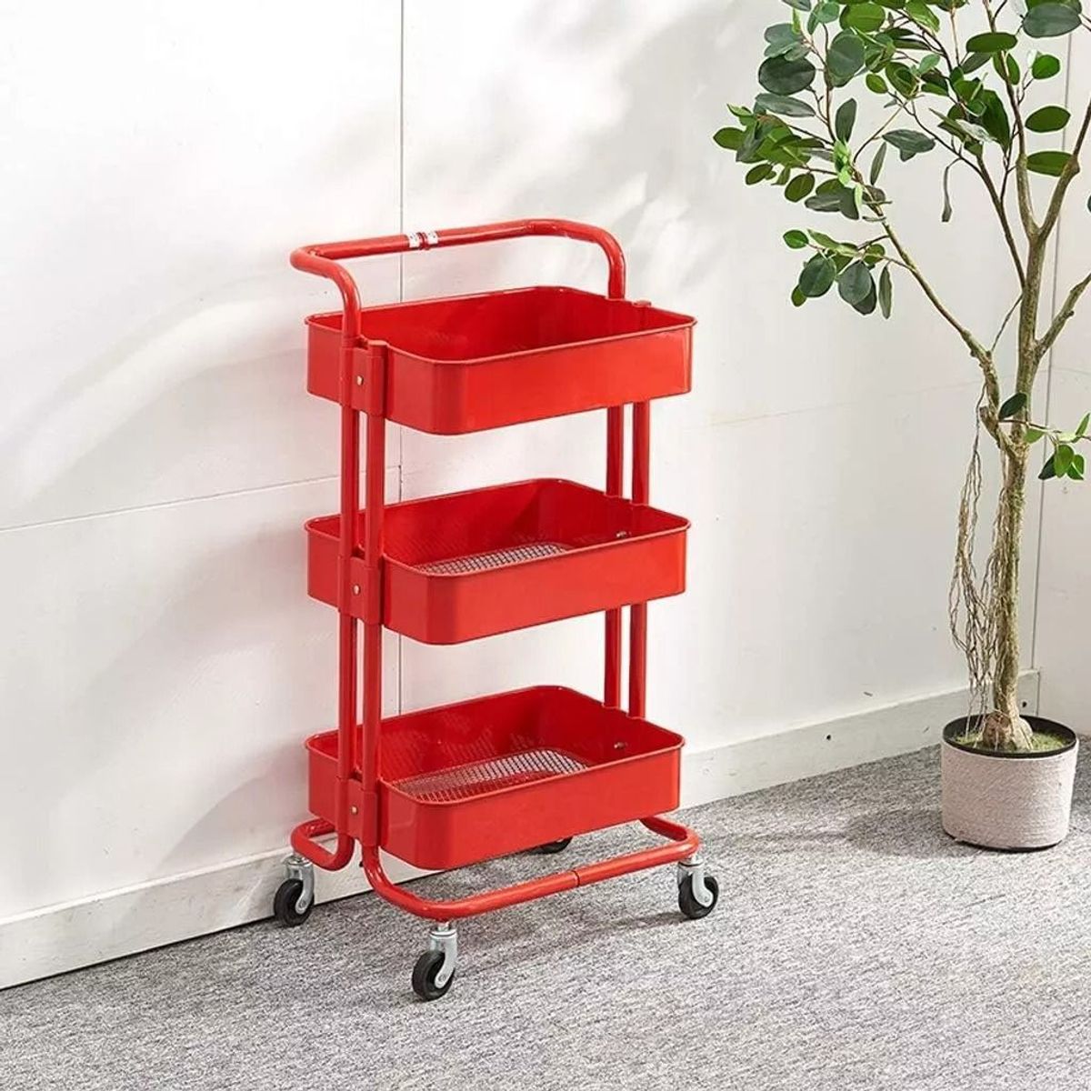 MOBLIHOUSE - Carro Auxiliar Organizador Metalico Rojo 3 Niveles Rodante