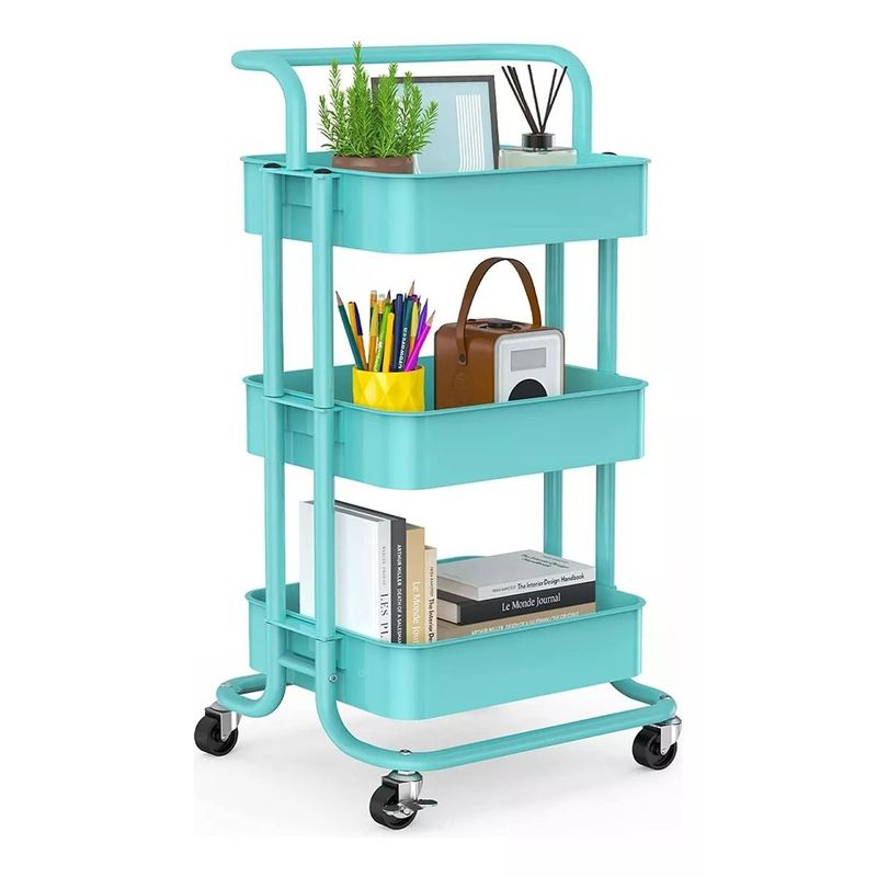 MOBLIHOUSE - Carro Auxiliar Organizador Metalico Verde 3 Niveles Rodante