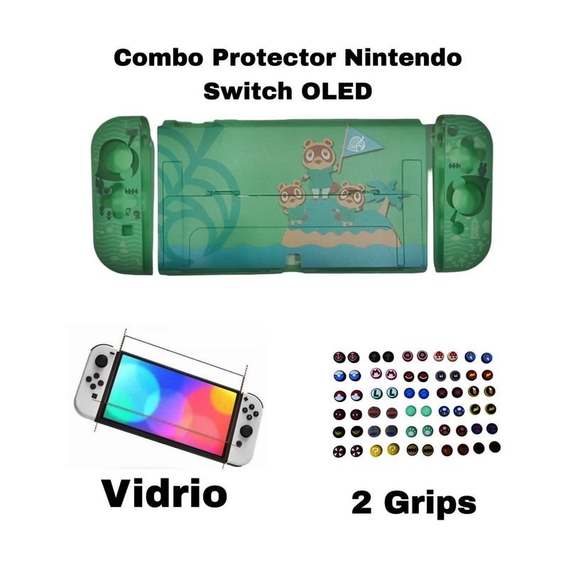 GENERICO - Acrilico Protector Animal Crossing + Vidrio + 2 Grips Switch Oled