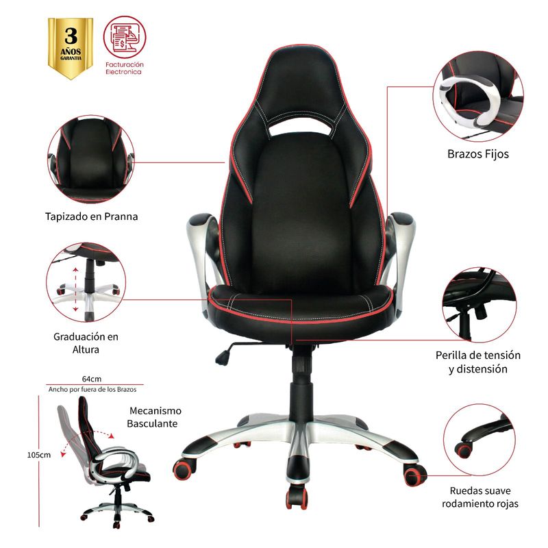 MUEBLESYA - Silla Gamer Florida Blanca Rojo