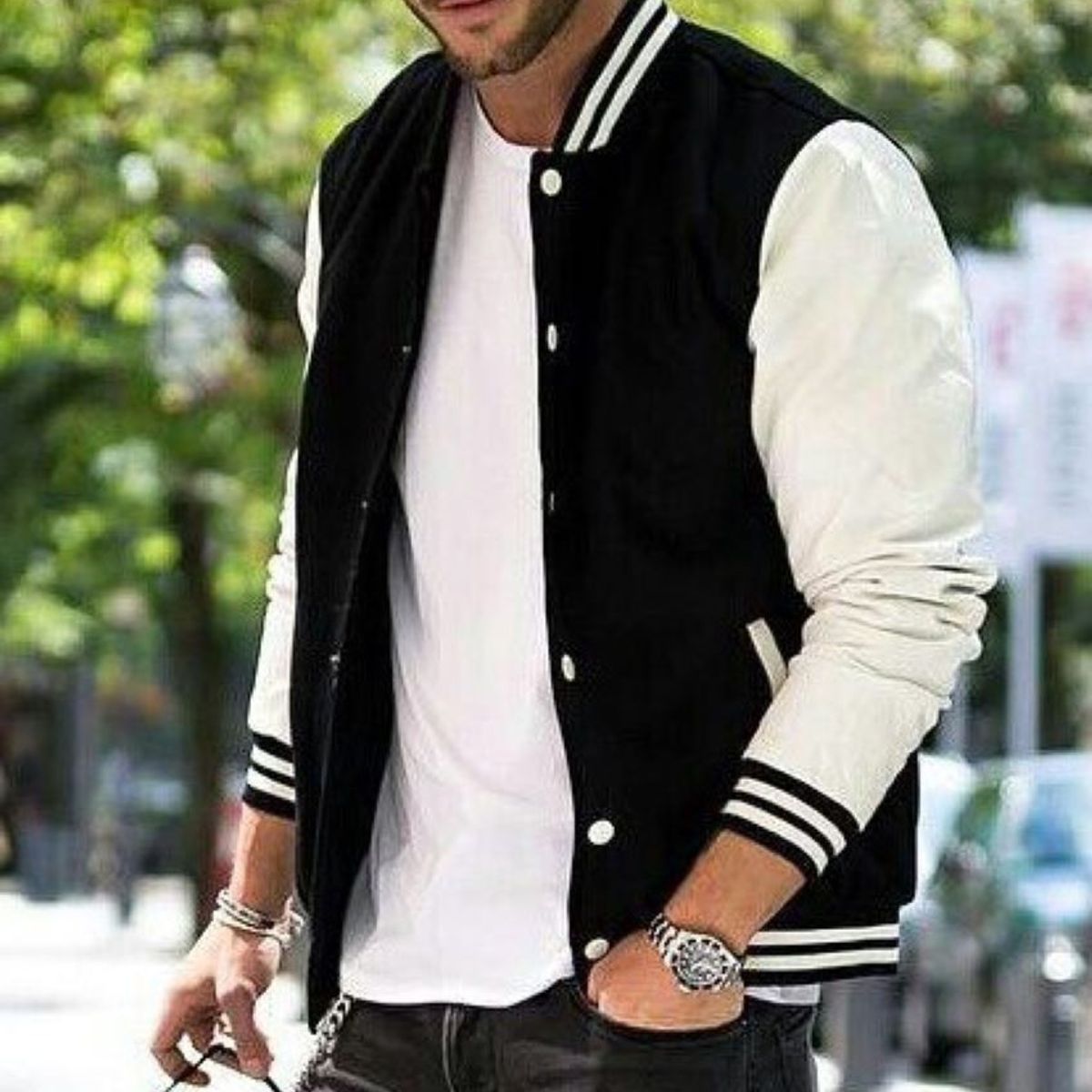 URBAN PLUS - chaqueta hombre beisbolera negra con mangas blancas