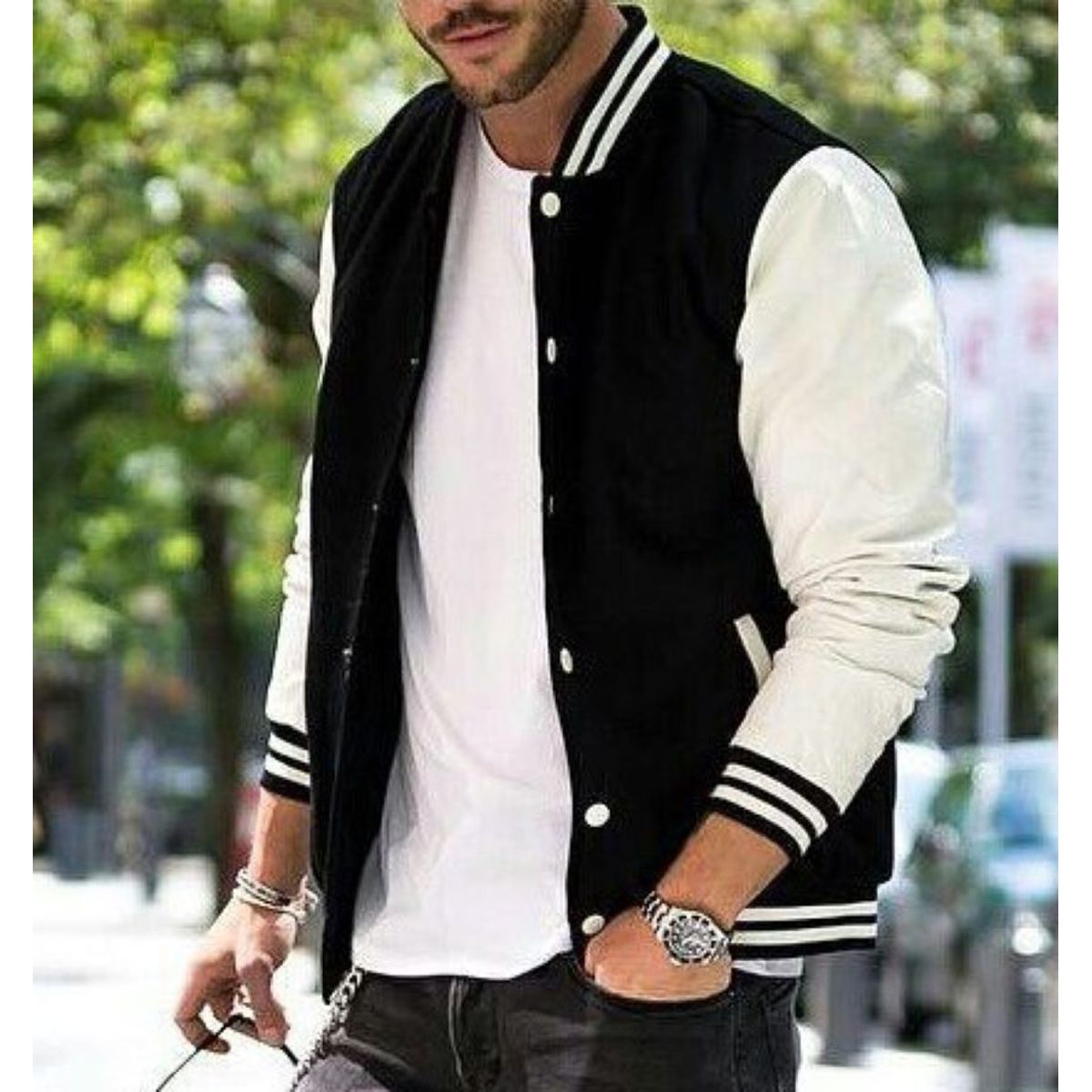 URBAN PLUS - chaqueta hombre beisbolera negra con mangas blancas