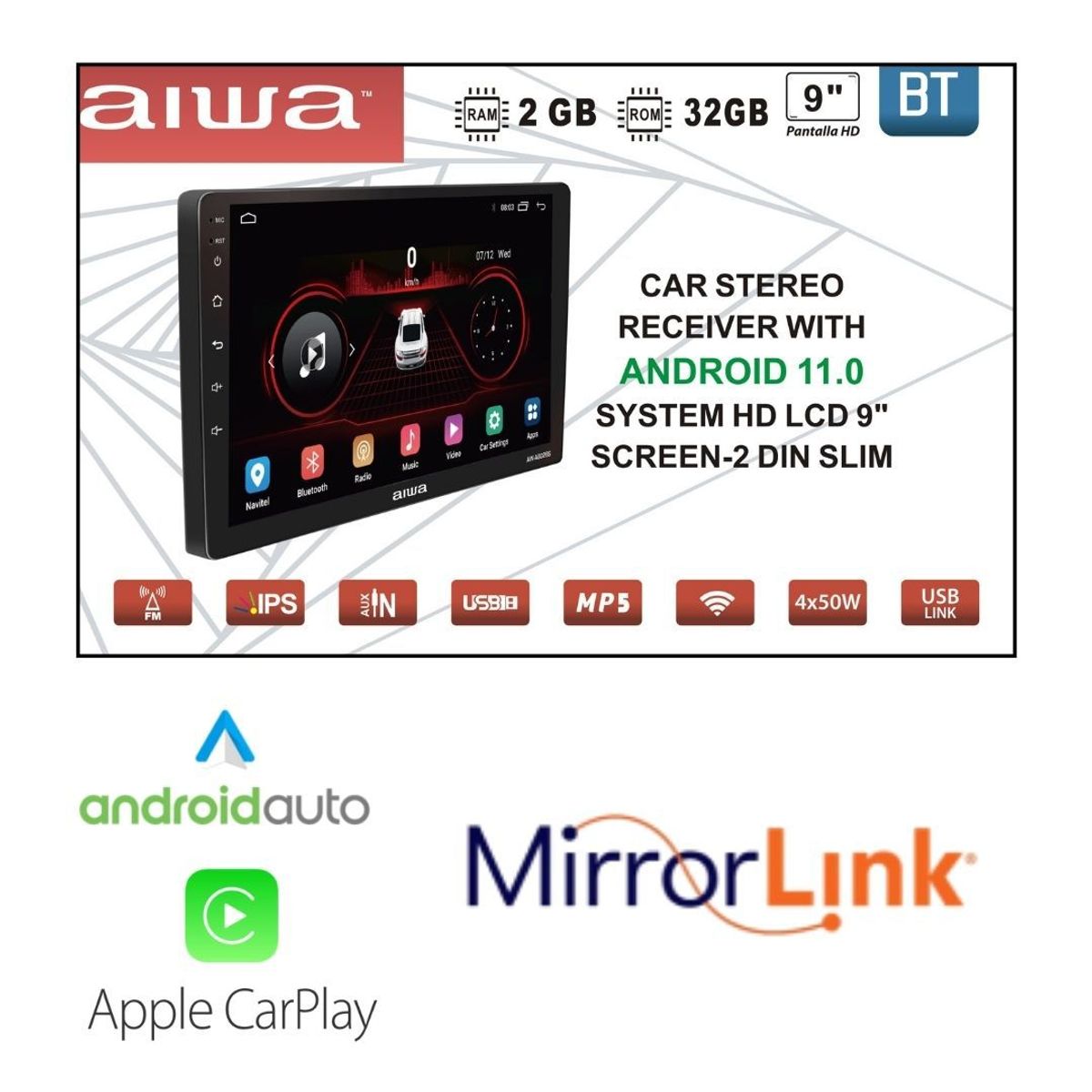 AIWA - Radio Carro Aiwa Android Pantalla 9'' 2 + 32 GB Carplay Inalambrico