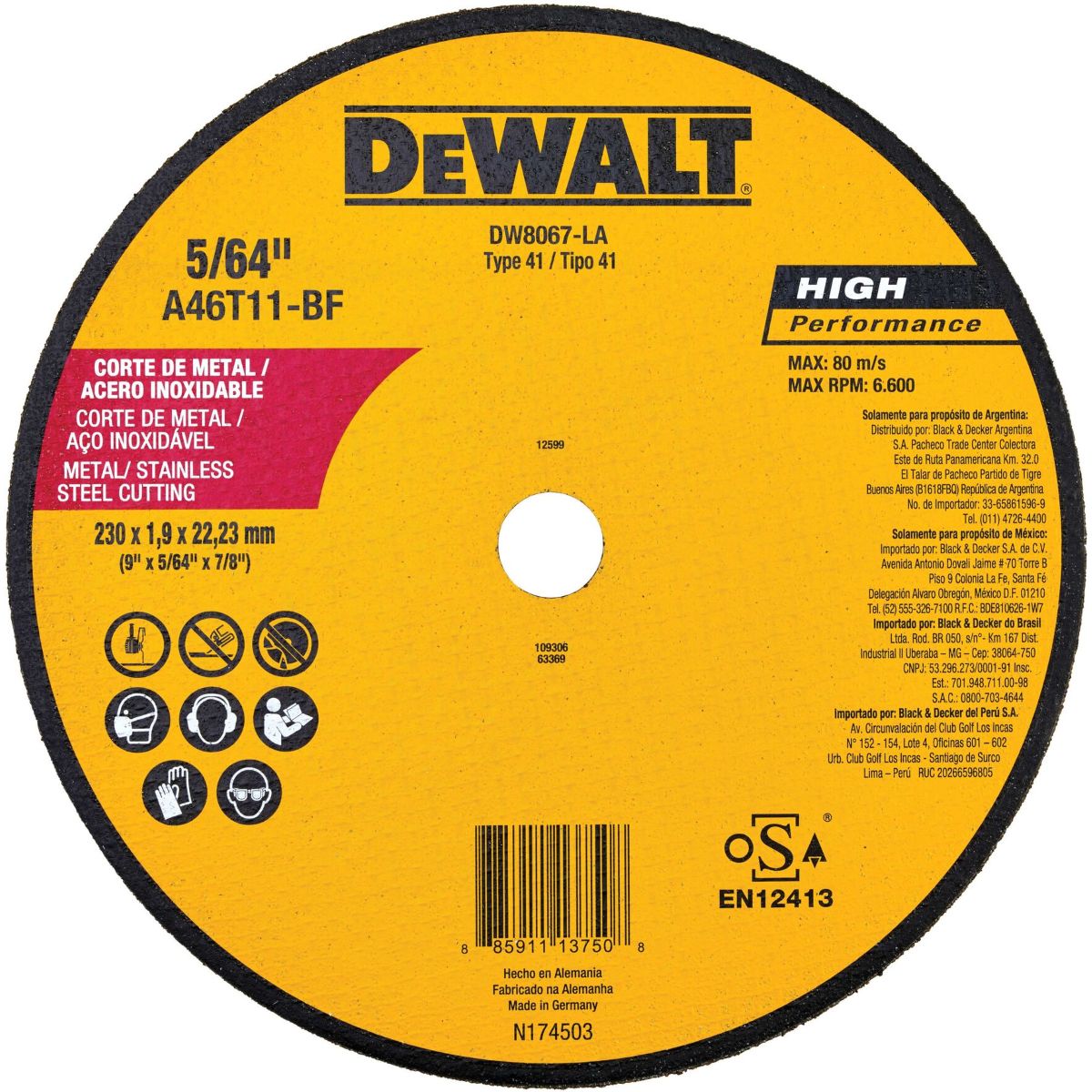 DEWALT - DISCO CORTE FINO METAL 9"X 5/64" X 7/8"T-41 DW8067