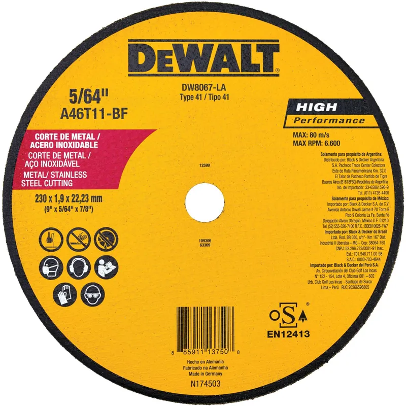 DEWALT - DISCO CORTE FINO METAL 9"X 5/64" X 7/8"T-41 DW8067