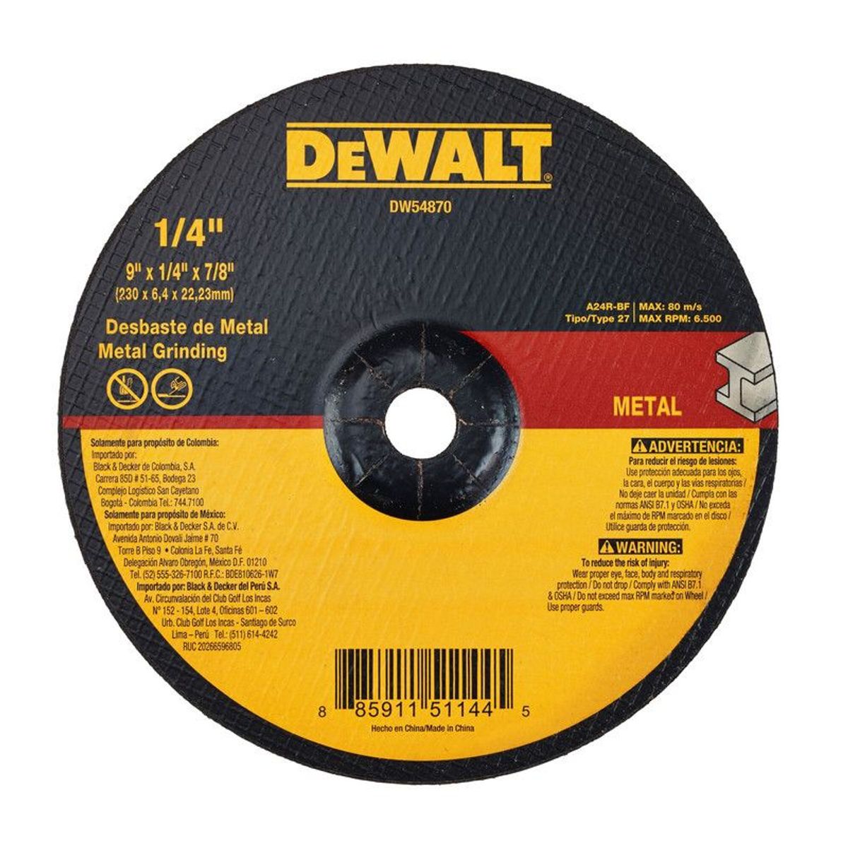 DEWALT - DISCO PULIR METAL 9" X 1/4" T-27 DW54870