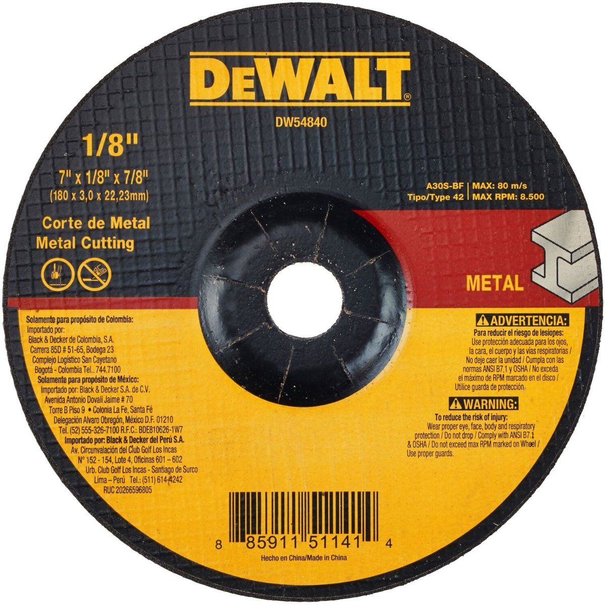 DEWALT - DISCO CORTE METAL 7"X1/8"X 7/8"T-27 DW54840 DEWALT