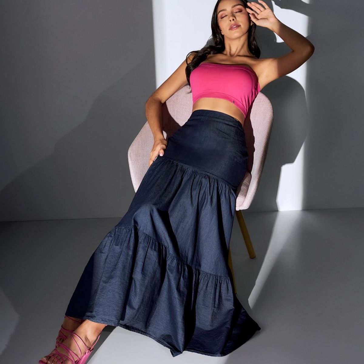 DEREK - Falda Para Mujer Larga Amplia En Chambray Con Proceso Xia Derek