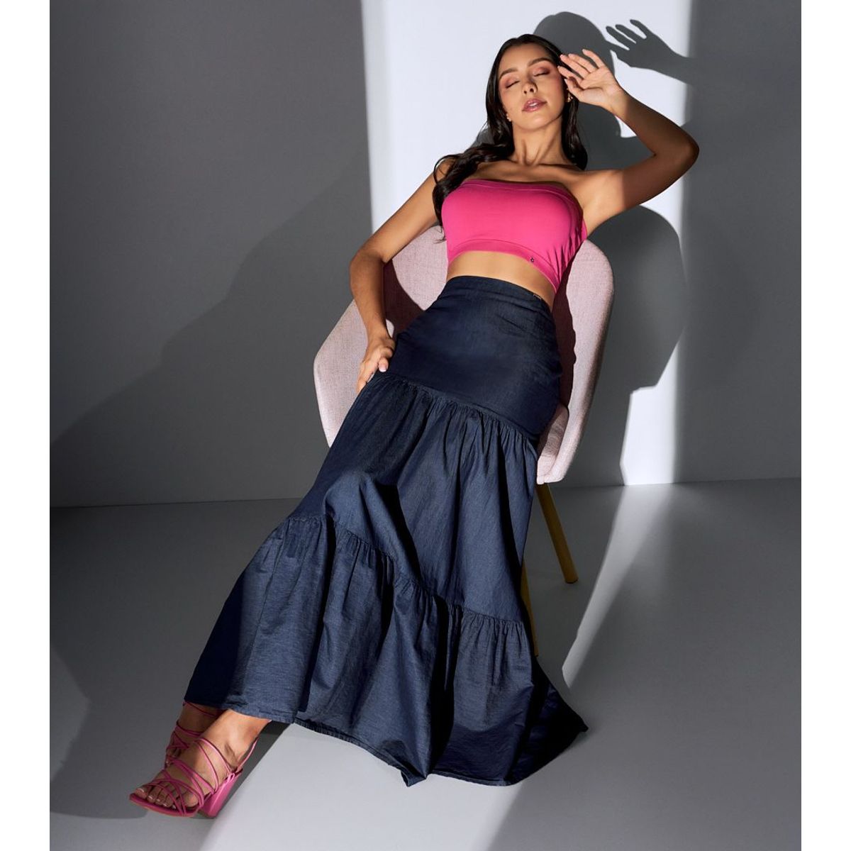 DEREK - Falda Para Mujer Larga Amplia En Chambray Con Proceso Xia Derek