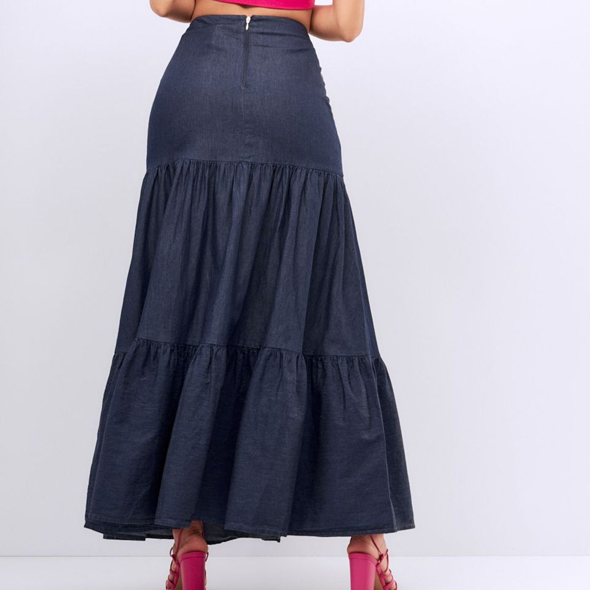 DEREK - Falda Para Mujer Larga Amplia En Chambray Con Proceso Xia Derek