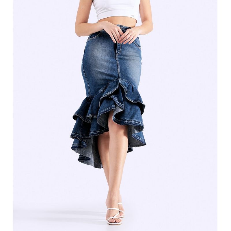 DEREK - Falda Para Mujer Larga En Indigo Con Golas Y Proceso  Derek_.