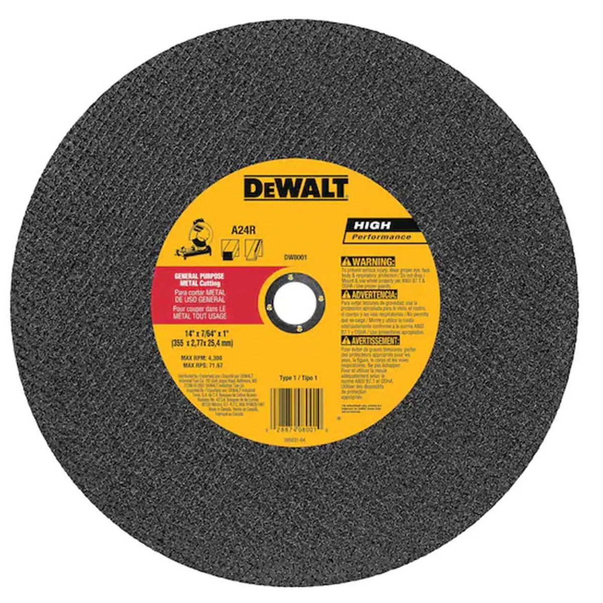 DEWALT - DISCO CORTE METAL 14" X 7/64" X 1" T-1 DW8001