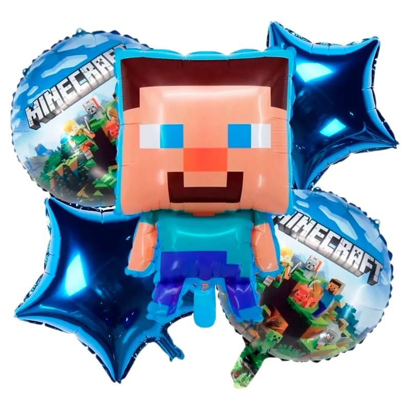 GENERICO - Set X5 Globos Metalizado Steve Minecraft Fiesta Decoración