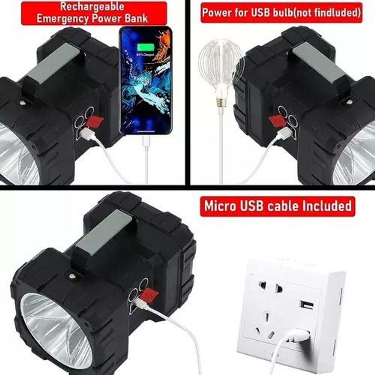 GENERICO - Linterna Reflector Led Recargable Super Potente W844