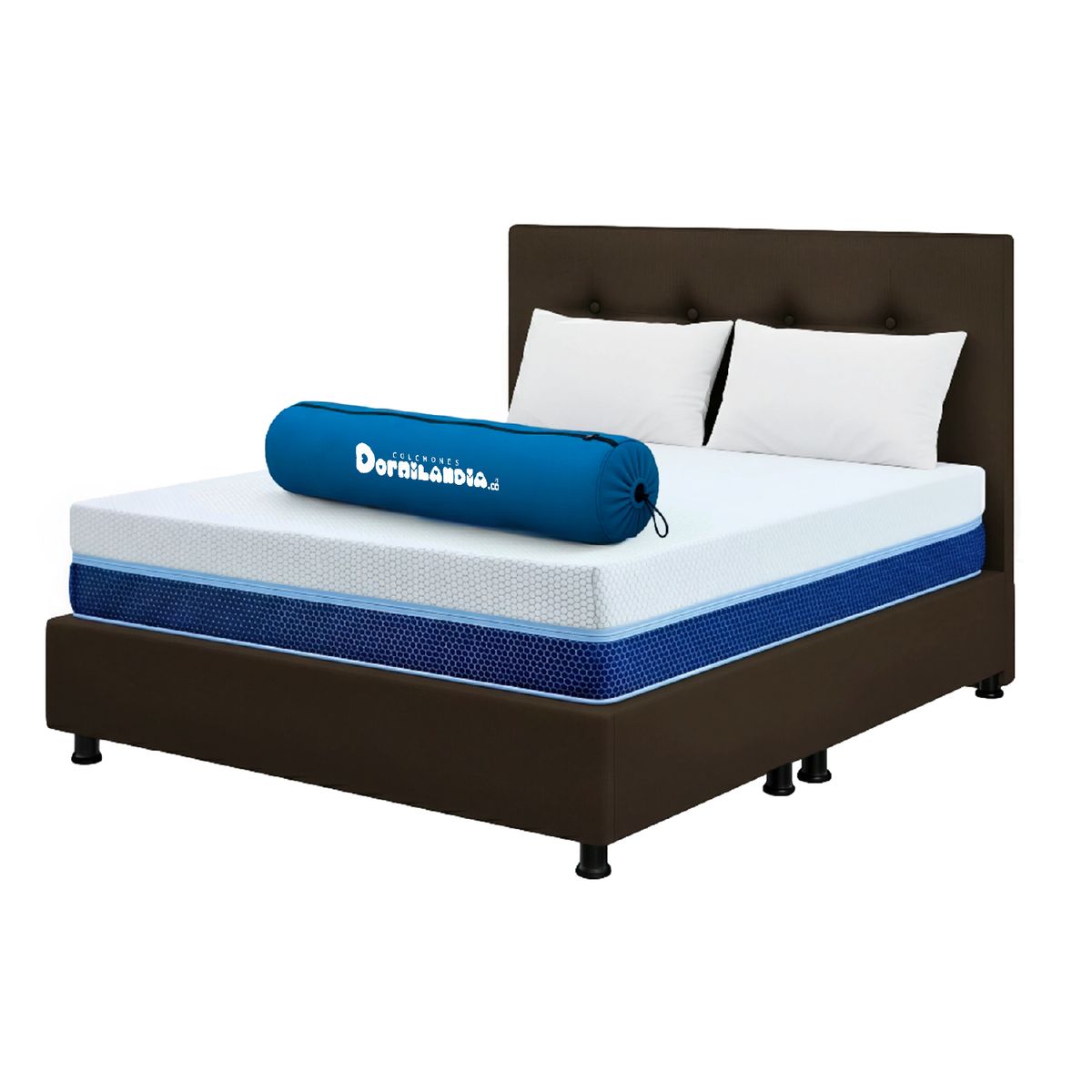 DORMILANDIA - Mega Combo Colchón Multisleep Cover Enrollado Queen Café Más Base Cama, Cabecero y 2 Almohadas