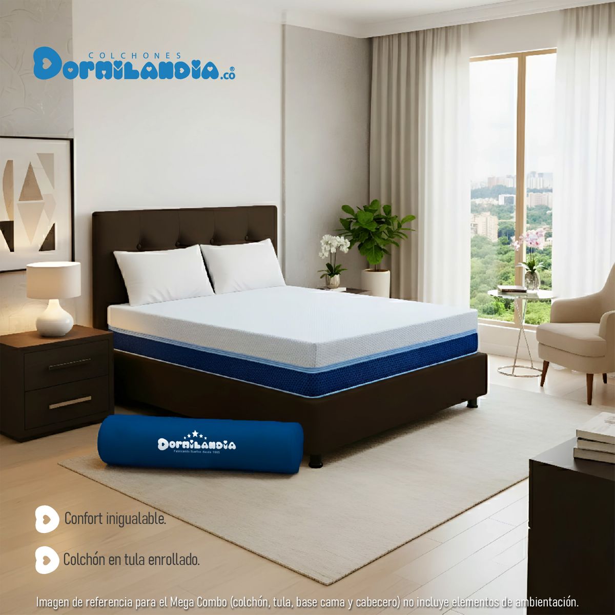 DORMILANDIA - Mega Combo Colchón Multisleep Cover Enrollado Queen Café Más Base Cama, Cabecero y 2 Almohadas