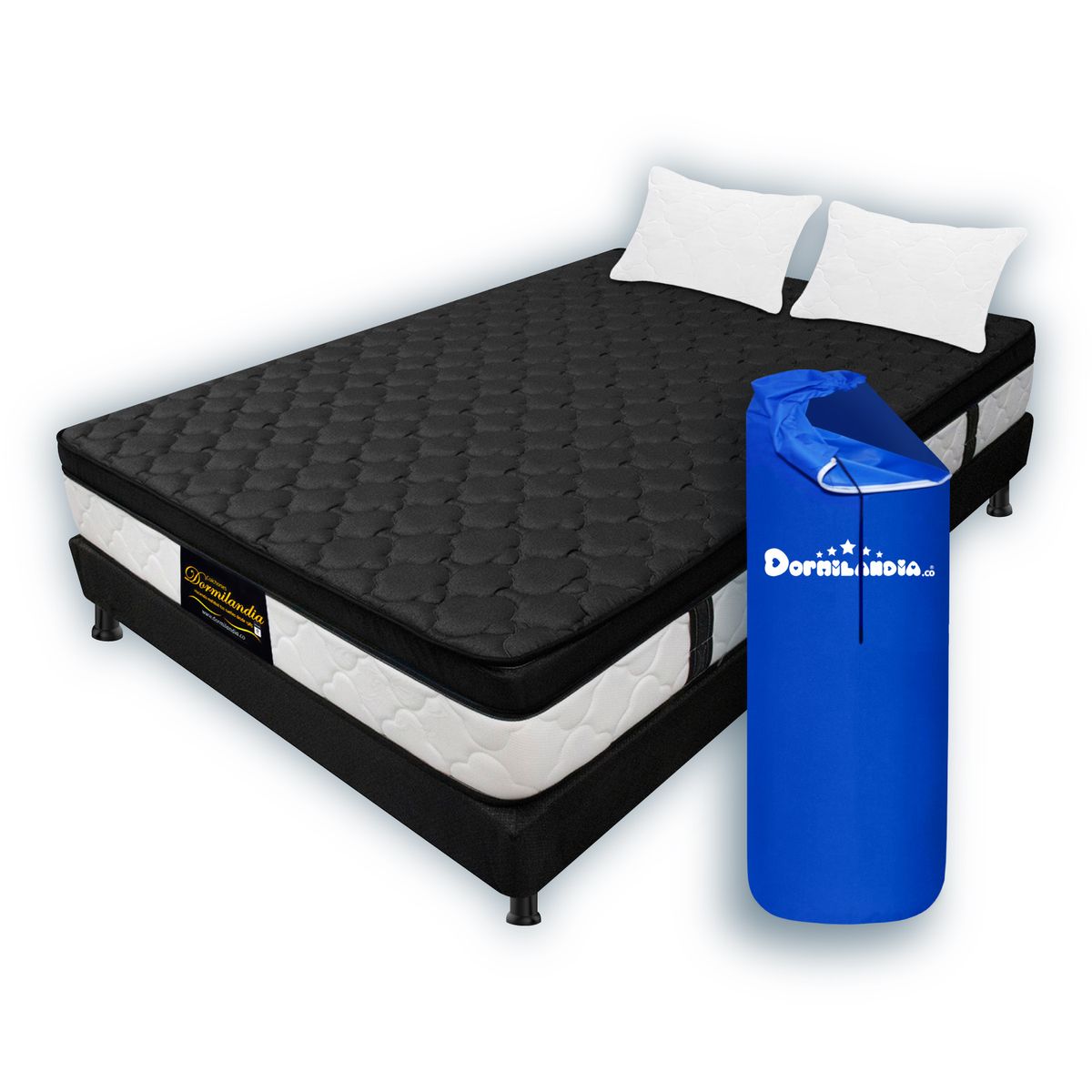 DORMILANDIA - Colchón Negro Queen 160x190 Resortado Dublín Enrollado+Base Cama+Almohadas