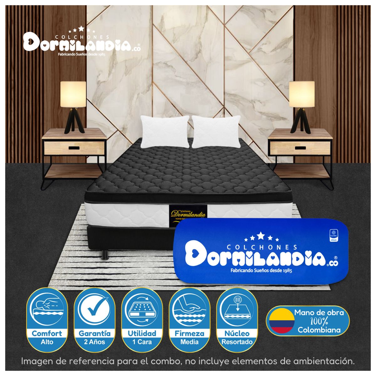 DORMILANDIA - Colchón Negro Queen 160x190 Resortado Dublín Enrollado+Base Cama+Almohadas