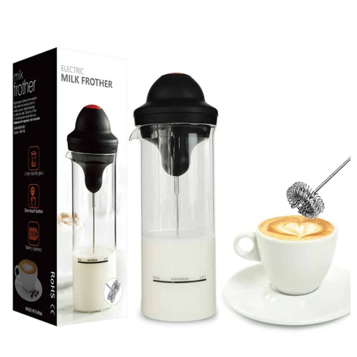 GENERICO - Espumador Batidor Para Leche Con Vaso De Vidrio 450ml