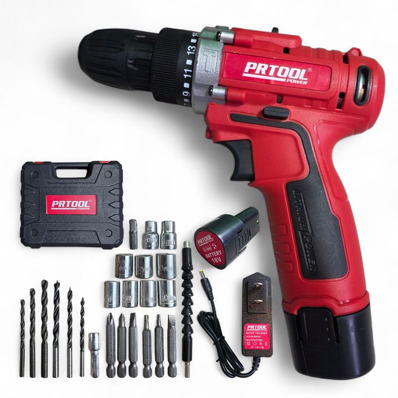 PROTOOL - Taladro Inalámbrico Atornillador De 18 Voltios Con Accesorios