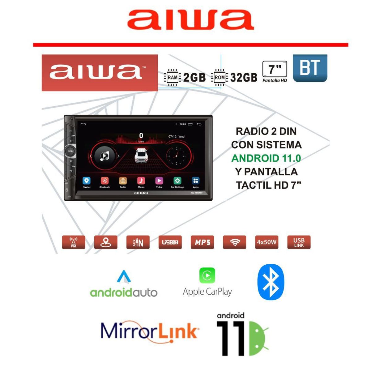 AIWA - Radio Carro Aiwa Android 2 + 32 GB Carplay Inalambrico Wifi 7' GPS BT