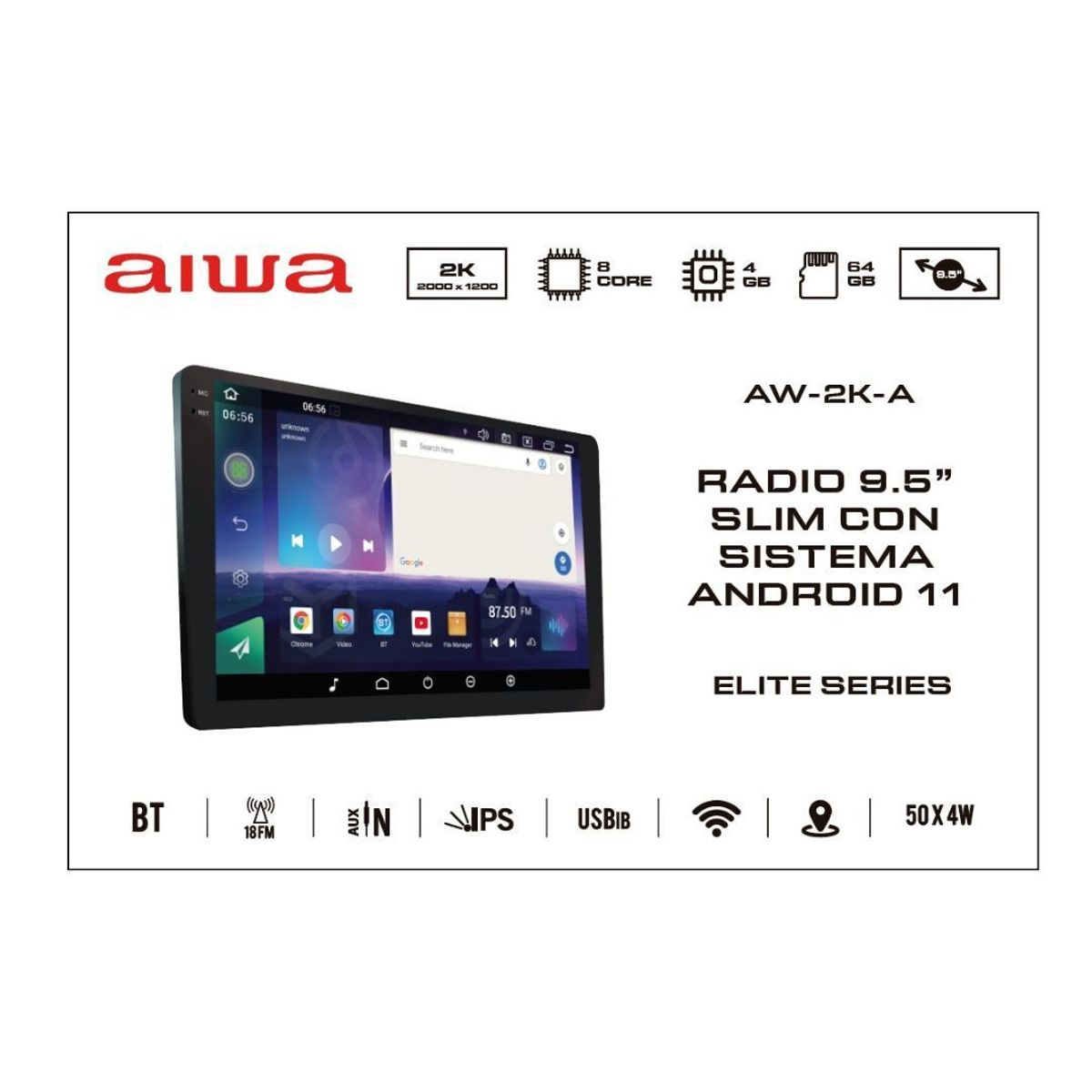 AIWA - Radio Carro Aiwa 2K Android OctaCore 4 x 64GB 9.5' CarPlay Inalambrico