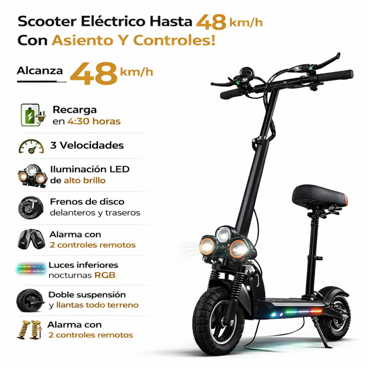 CENTURFIT - Scooter Eléctrico Centurfit 48 km/h Autonomía 24 km Con Silla Luces Led Y Alarma