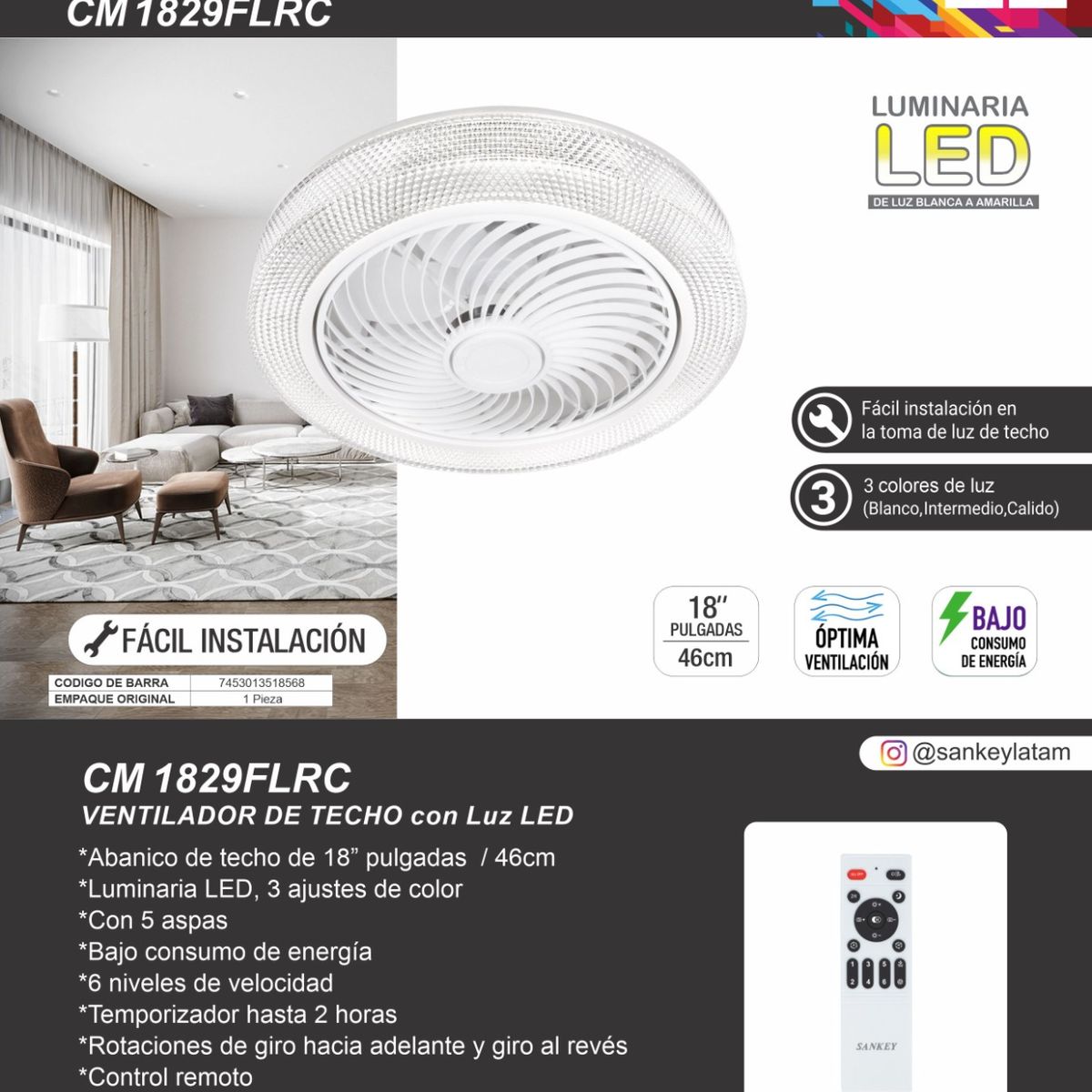 SANKEY - Ventilador de Techo con Luz Led a Control Remoto de 18 Pulgadas Sankey