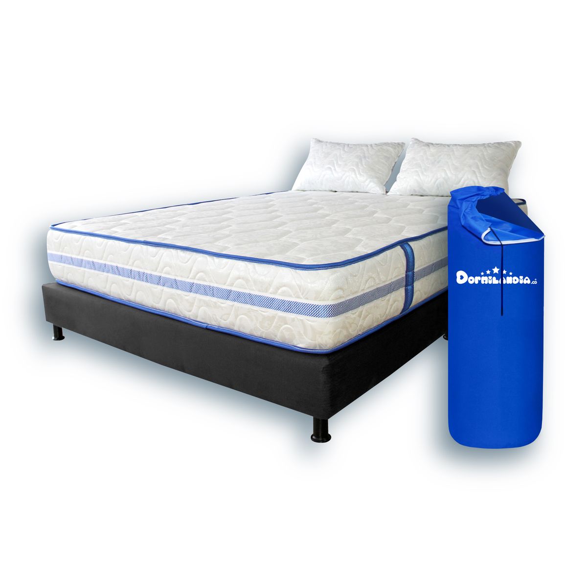 DORMILANDIA - Combo Colchón Doble Resortado Caribe Enrollado + Base Cama + Almohadas
