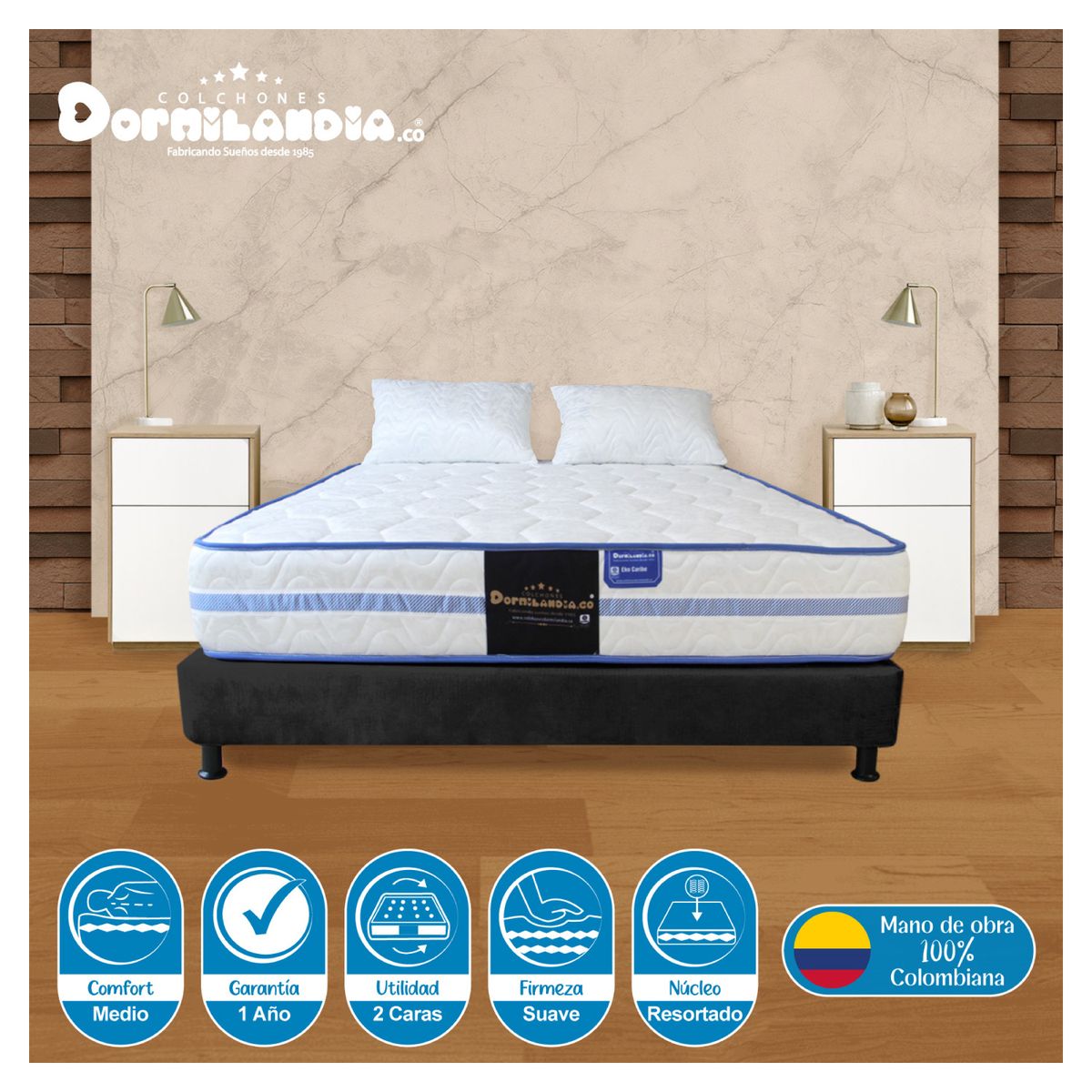 DORMILANDIA - Combo  caribe negro 200x200 colchón+base cama+almohadas