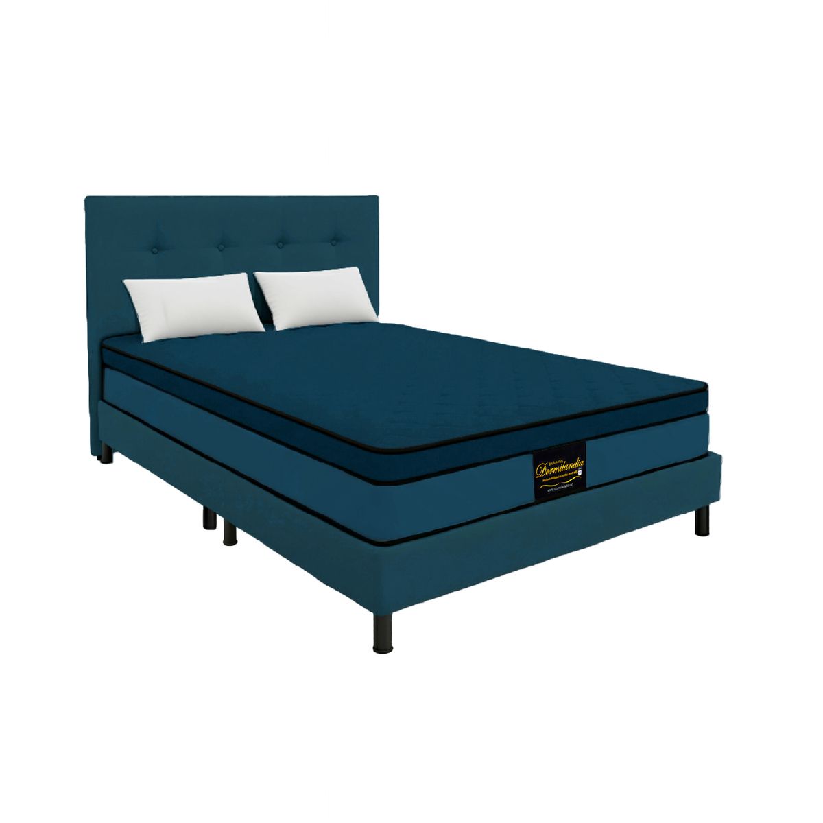 DORMILANDIA - Mega Combo Colchón Dublín Azul King Resortado Más Base Cama, Cabecero y 2 Almohadas