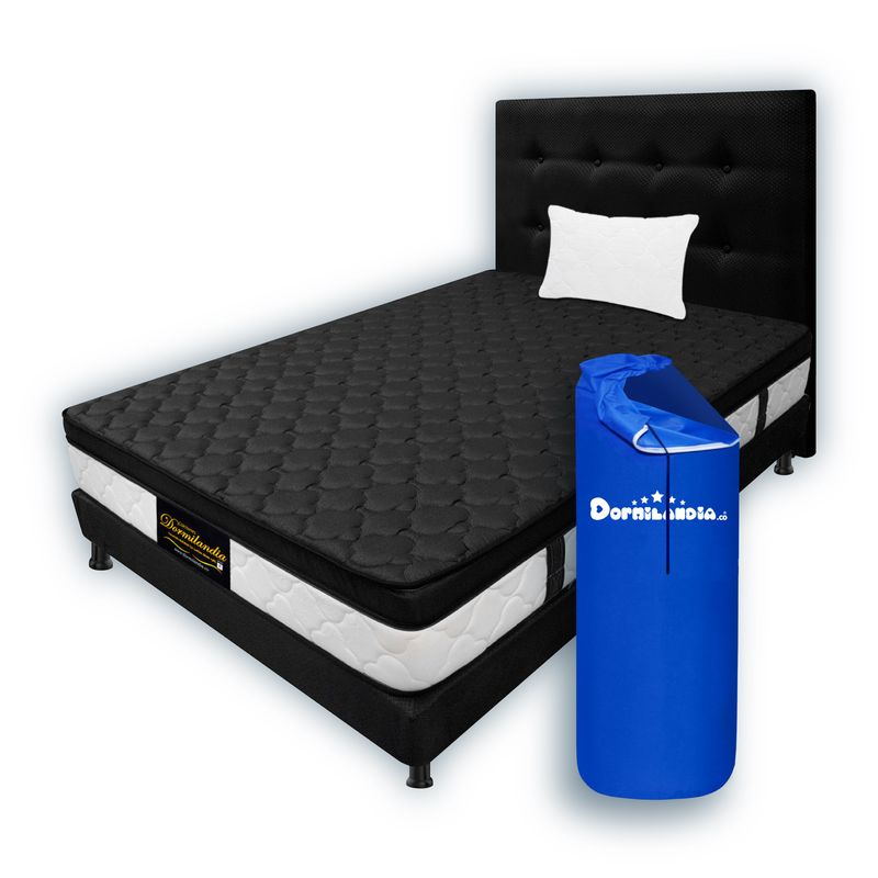 DORMILANDIA - Combo Colchón Negro Sencillo Resortado Dublín Base Cama Entera Cabecero Almohada.