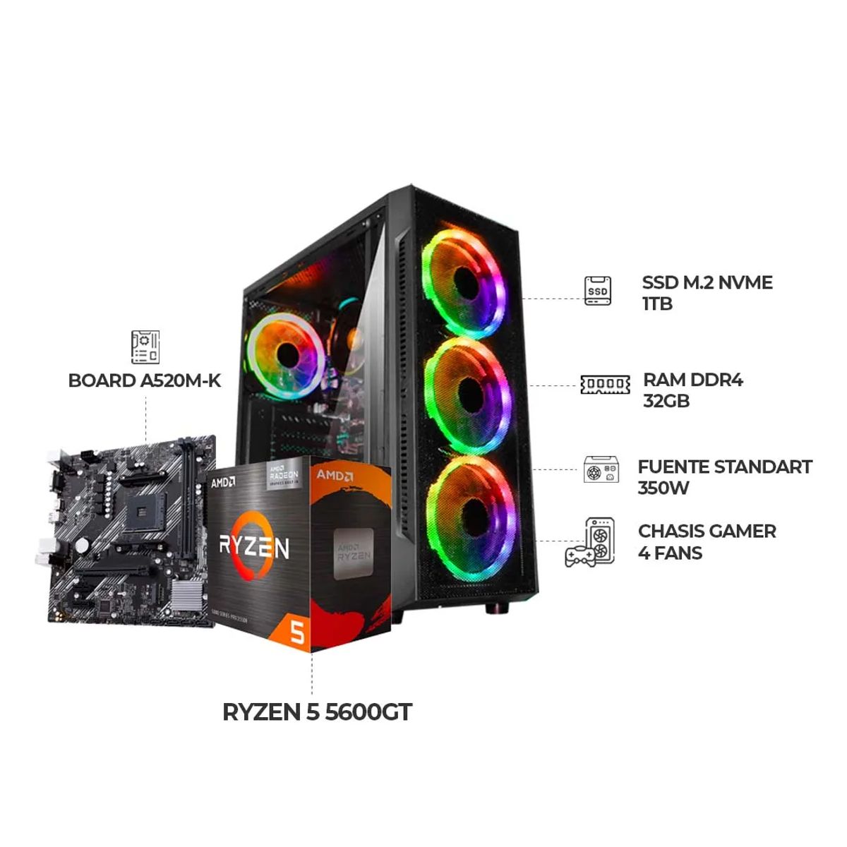 AMD - PC GAMER RYZEN 5 5600GT | RAM 32GB DDR4 SSD 1TB M.2 NVME | CHASIS 4 FANS RGB | IDEAL PARA GAMING