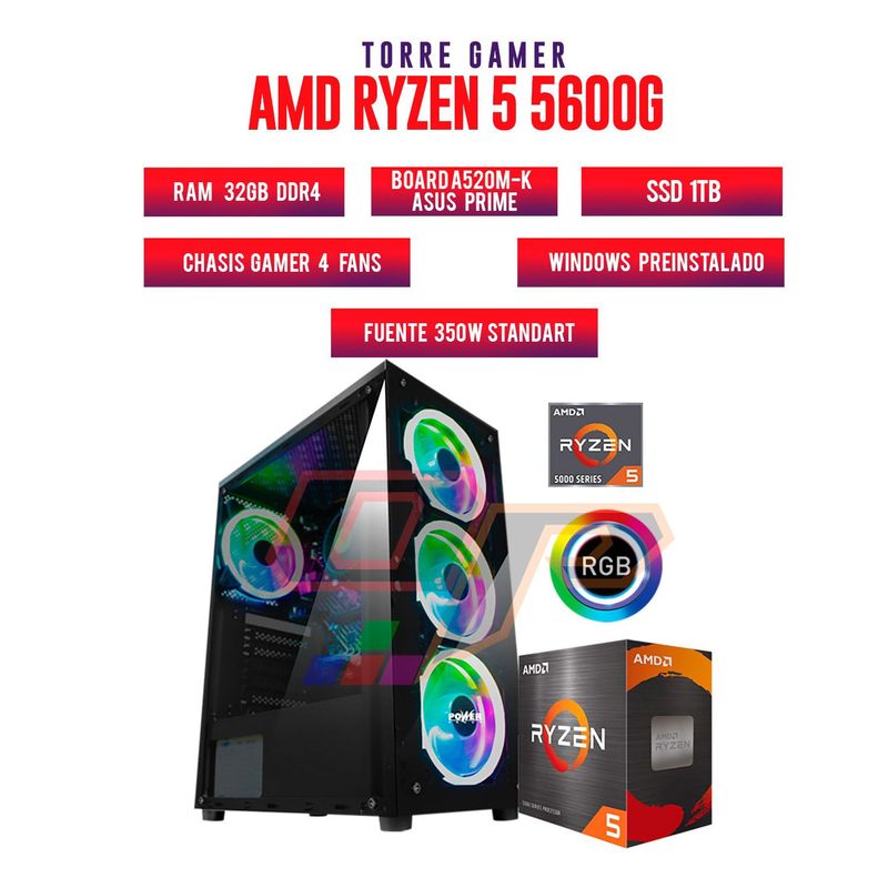 AMD - TORRE GAMER RYZEN 5 5600G/32GB RAM/ 1TB SSD/BOARD A520M-K / CHASIS 4 FANS.