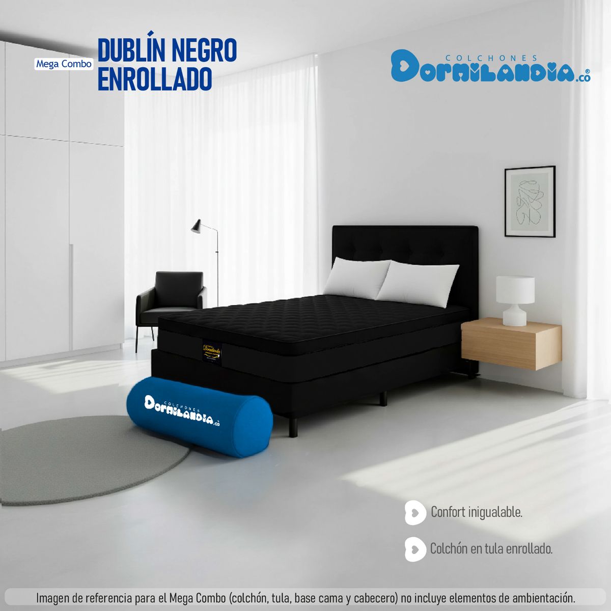 DORMILANDIA - Mega Combo Colchón Dublín Queen Negro Resortado Enrollado Más Base Cama, Cabecero y 2 Almohadas