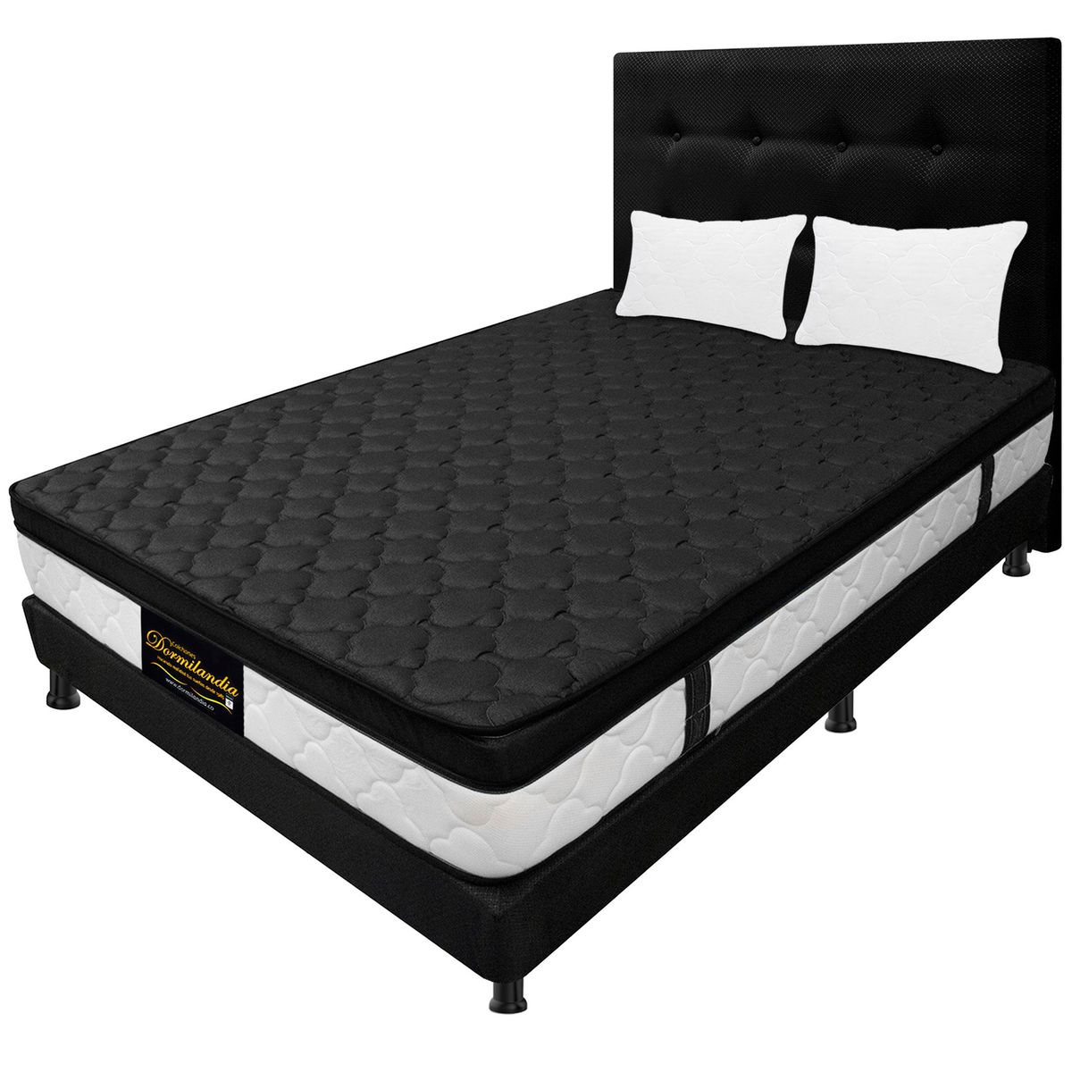 DORMILANDIA - Combo Colchón Negro King  Resortado Dublín Base Cama Dividida Cabecero Almohadas.