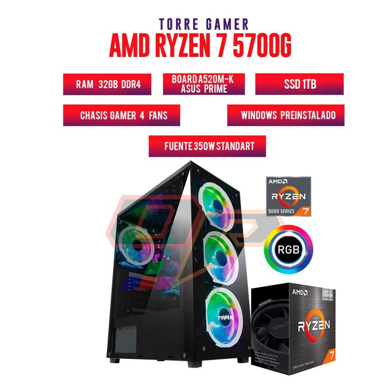 AMD - TORRE GAMER RYZEN 7 5700G/32GB RAM/ 1TB SSD/BOARD A520M-K / CHASIS 4 FANS.