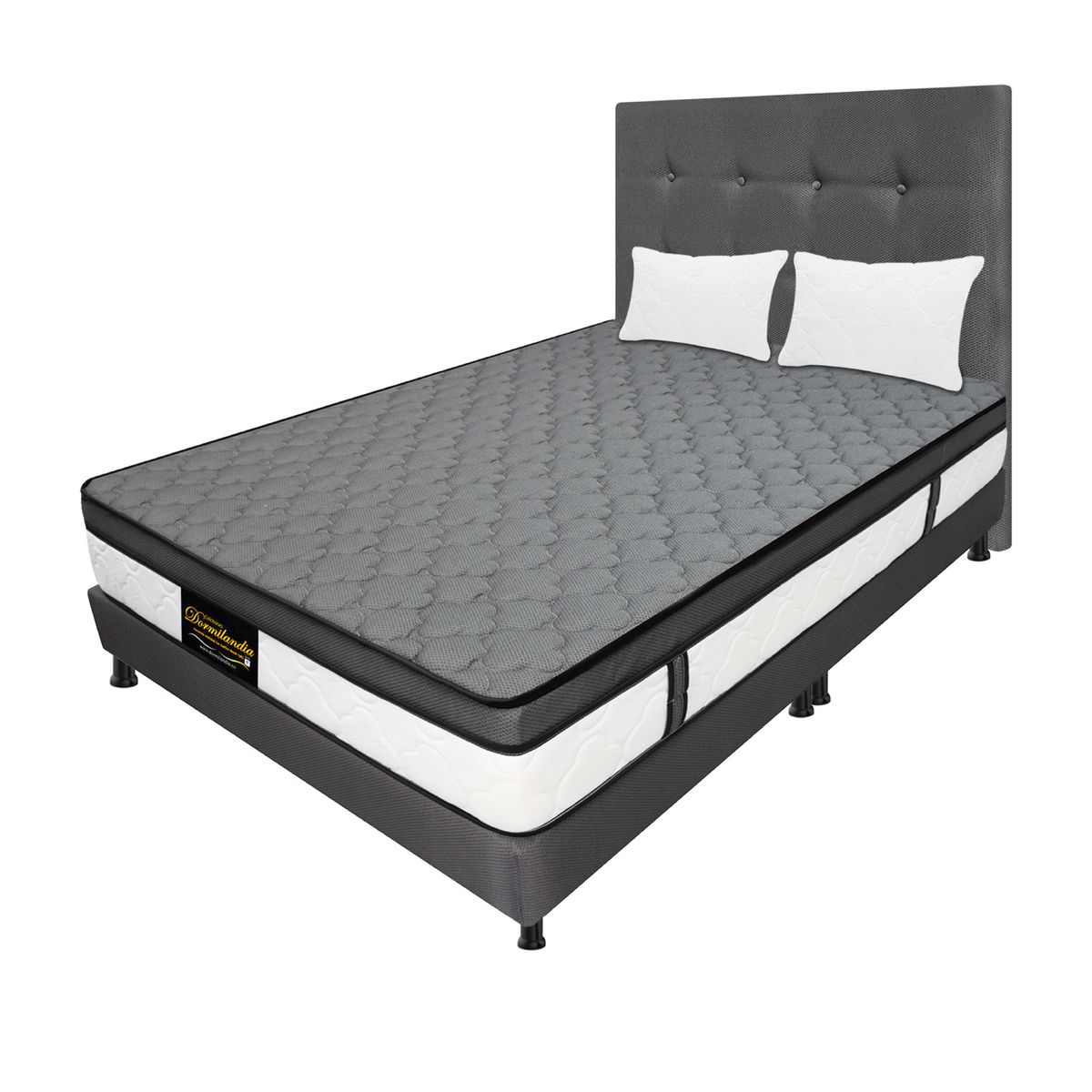 DORMILANDIA - Combo Colchón Gris King  Resortado Dublín Base Cama Dividida Cabecero Almohadas.