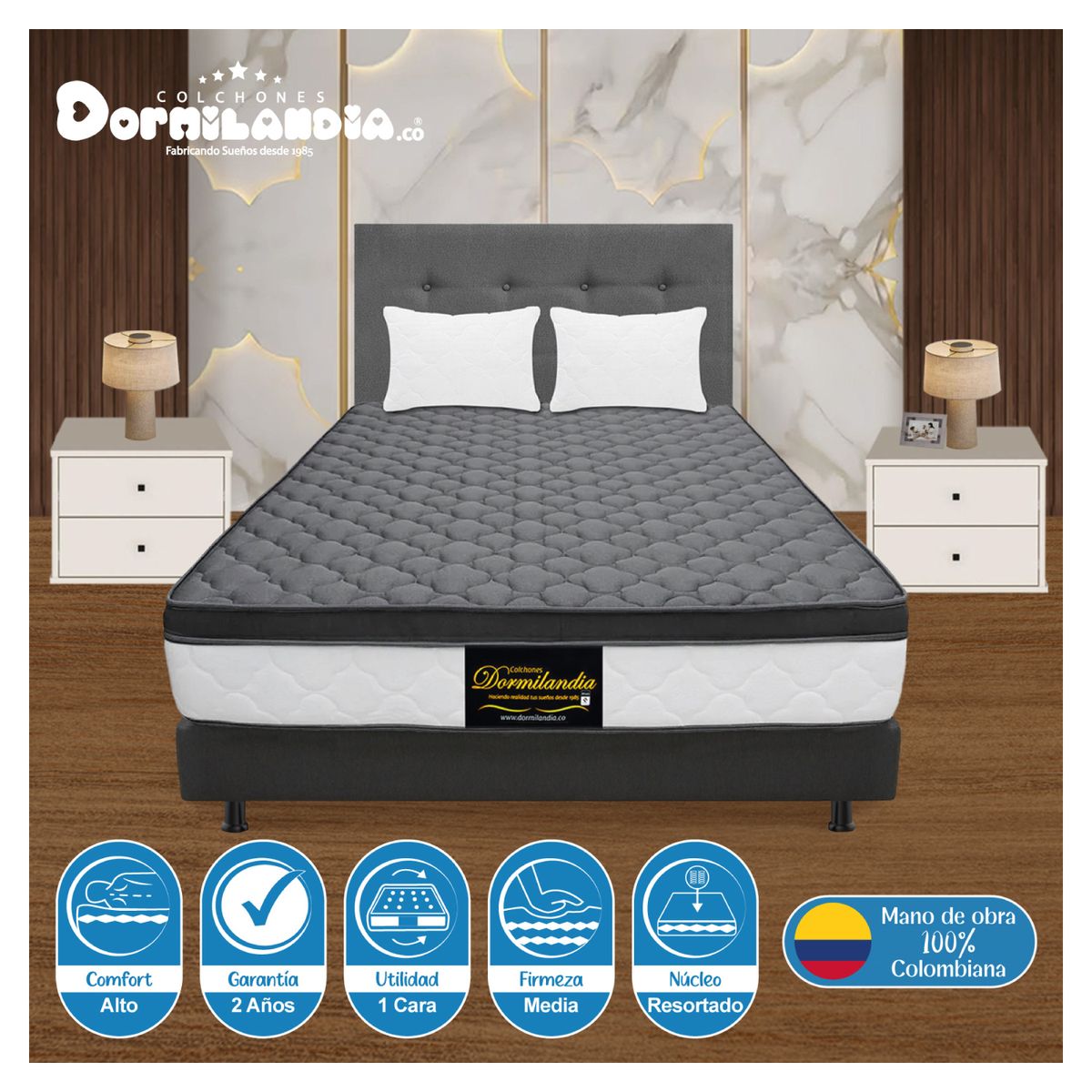 DORMILANDIA - Combo Colchón Gris King  Resortado Dublín Base Cama Dividida Cabecero Almohadas.