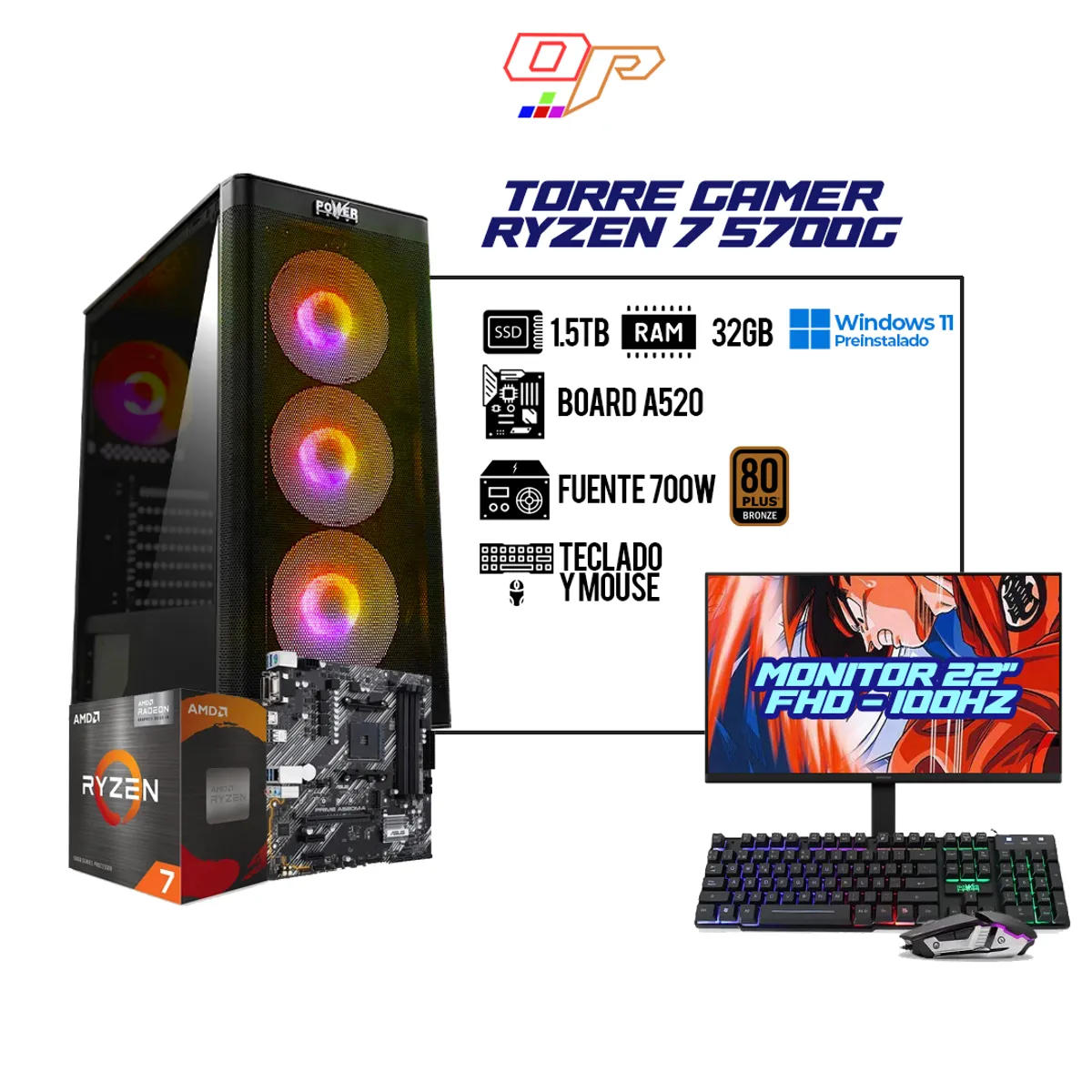 AMD - PC GAMER RYZEN 7 5700G + MONITOR 22" 120HZ FHD - RAM 32GB DDR4 - SSD 1.5TB - IDEAL PARA GAMING