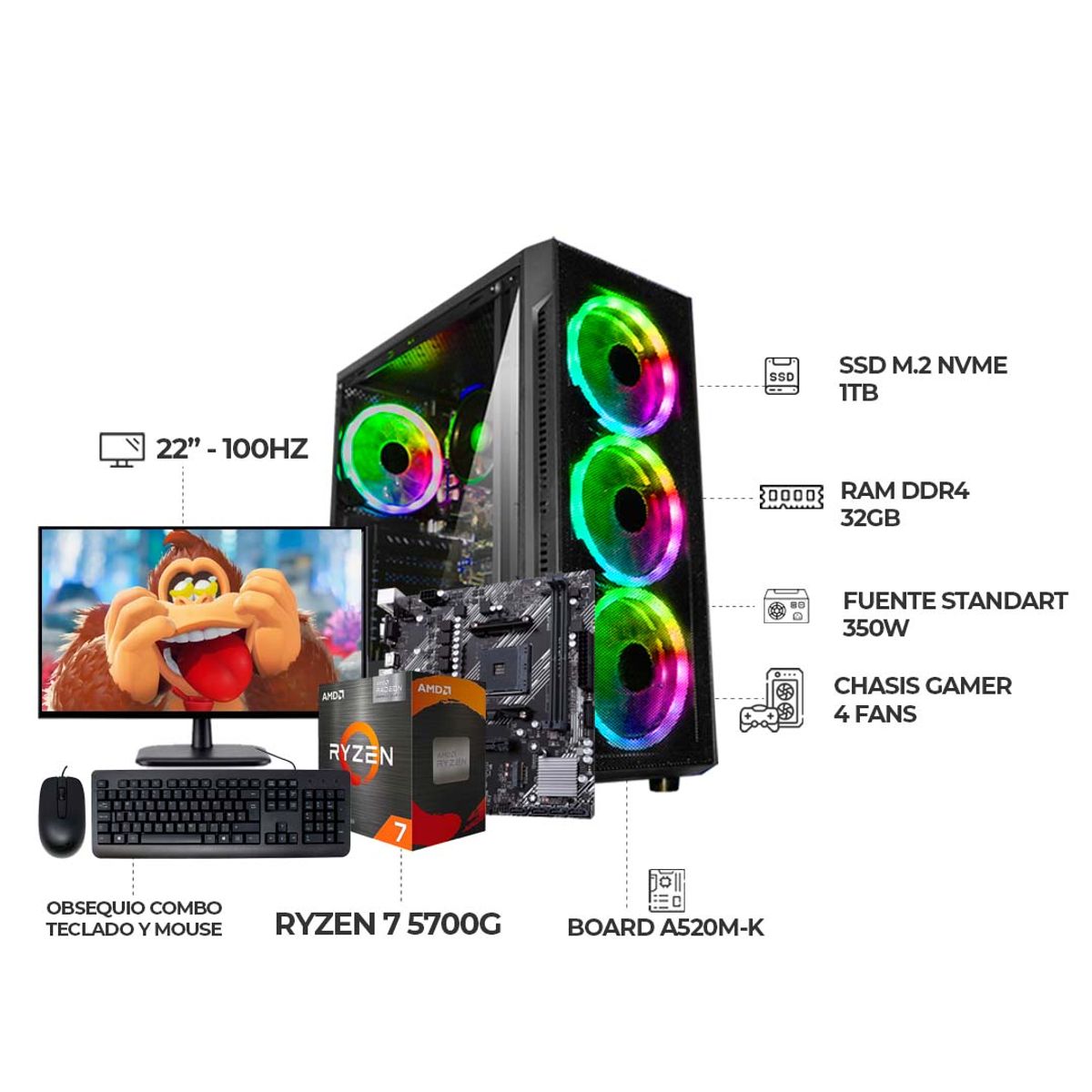 AMD - COMPUTADOR GAMER RYZEN 7 5700G+ MONITOR 22" FHD+ RAM 32GB+ SSD 1TB+ CHASIS RGB