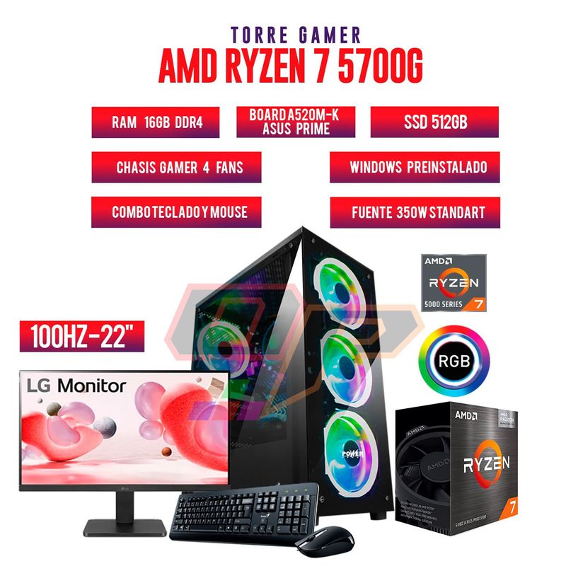 AMD - TORRE GAMER RYZEN 7 5700G/ 16GB RAM/ 512GB SSD/BOARD A520M-K MONITOR 22" FHD 100Hz